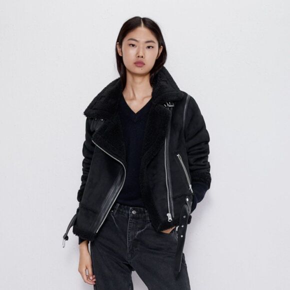 Zara black faux suede shearling leather double faced moto biker coat jacket - Picture 1 of 7